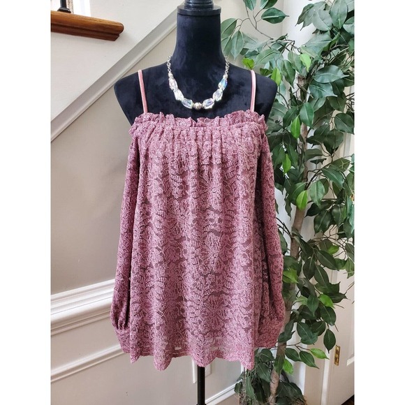 Anthropologie Eri+Ali Mauve Lace Bohemian Strappy Long Sleeve Top Blouse Large - Picture 1 of 16